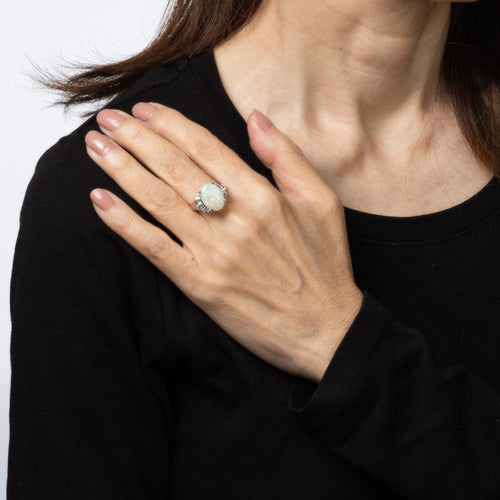 Bague 52 Bague en opale naturelle de 3,06 ct, diamant, platine, taille 7,25, bijoux fins Estate 58 Facettes G14063