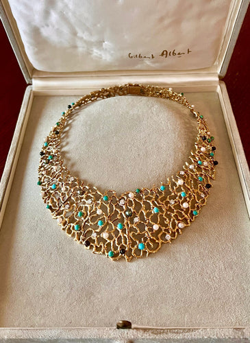Collier Collier Gilbert Albert Turquoises Diamants Perles Or jaune 18 carats 58 Facettes BS153 Bis