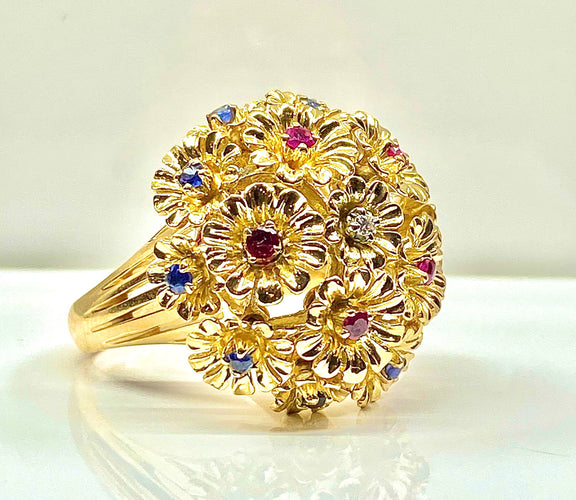 Anello - Anello multifiori in oro giallo e zaffiri, rubini, diamanti 