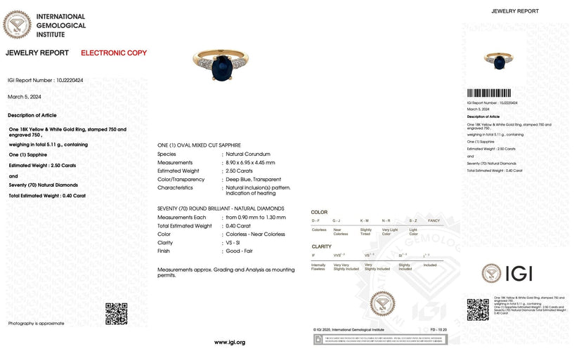 Bague 51 Bague cocktail en or jaune et blanc, diamants et saphir 2.5ct certificat IGI 58 Facettes