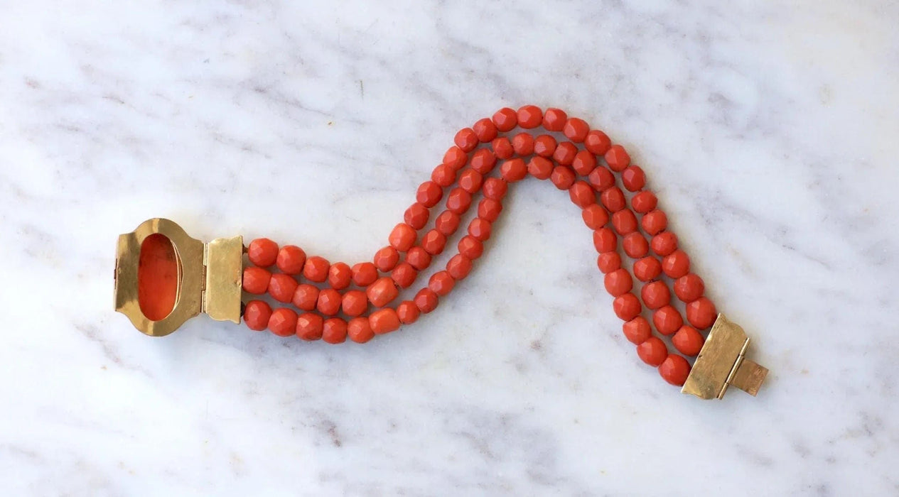 Antique yellow gold and coral bracelet, cameo