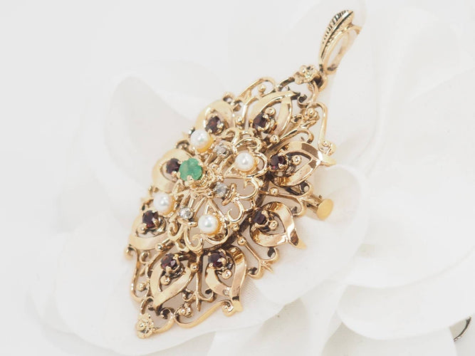 Pendentif Broche pendentif en or jaune, emeraude et perles de culture 58 Facettes 33147