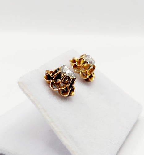 Puces d'oreilles antique or rose 18k fleurs et diamants taille roses (circa 1880 58 Facettes A06248