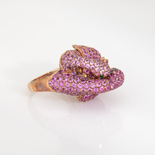 Bague Bague double flamant rose, motif oiseaux amoureux, taille 5, saphir rose, or rose 18 carats, vintage 58 Facettes G13981