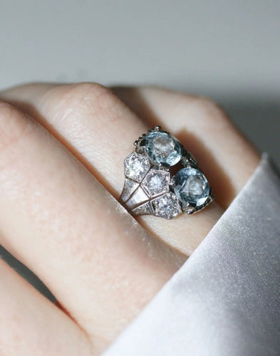 Bague Bague dôme Art Deco aigue-marine et diamant 58 Facettes