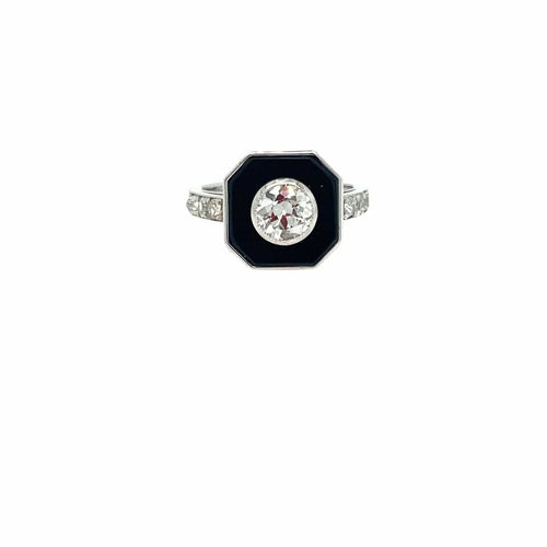 Bague 54 Bague Art Déco en or et diamants de 1,05 carat avec onyx 58 Facettes