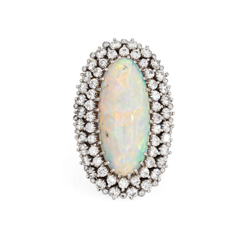 Bague Bague vintage allongée en or blanc 14 carats avec opale 9 carats et diamants 2,25 carats Taille 5,5 58 Facettes G14141