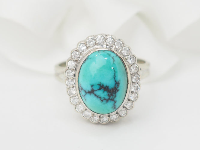 Bague 56 Bague pompadour en or blanc, diamants et Turquoise en cabochon 58 Facettes 33204