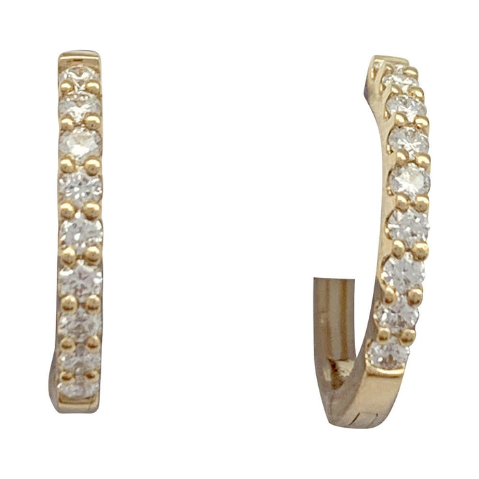 Pair of small yellow gold hoop earrings with diamonds.