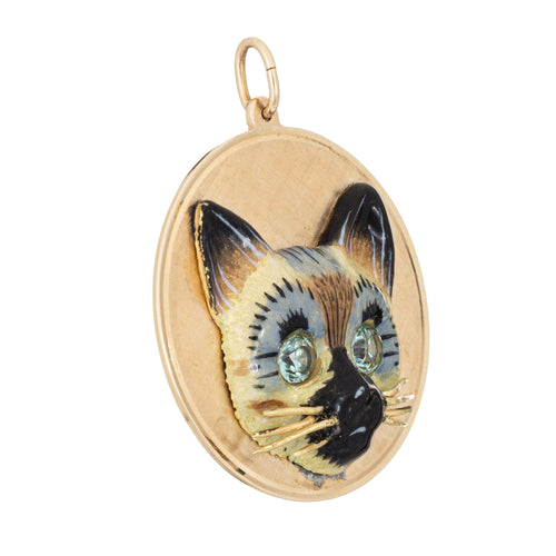 Pendentif Pendentif médaillon chat siamois vintage des années 60 en or jaune 14 carats 58 Facettes G13898