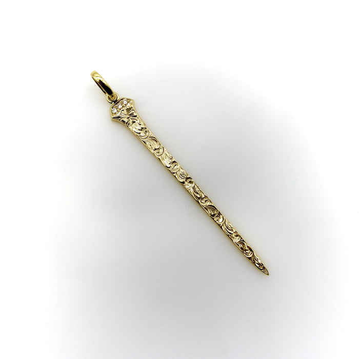 Hand Engraved Lucky Nail Pendant in Gold with Diamonds