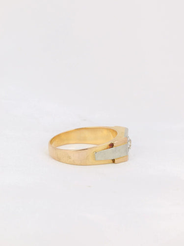 Bague 57 Chevalière Art Deco or platine diamant taille ancienne 0,4ct 58 Facettes J159