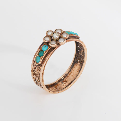Bague Bague victorienne antique avec perles turquoise et anneau vintage en or rose 14 carats, taille 7 58 Facettes G13979