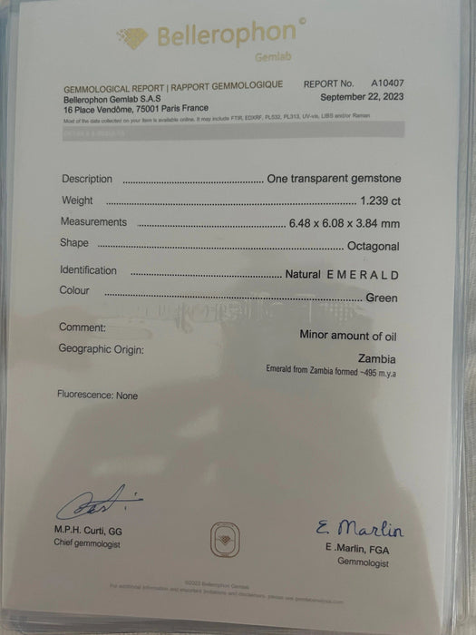 Gemstone Emeraude 1.24cts certificat Bellérophon 58 Facettes 469