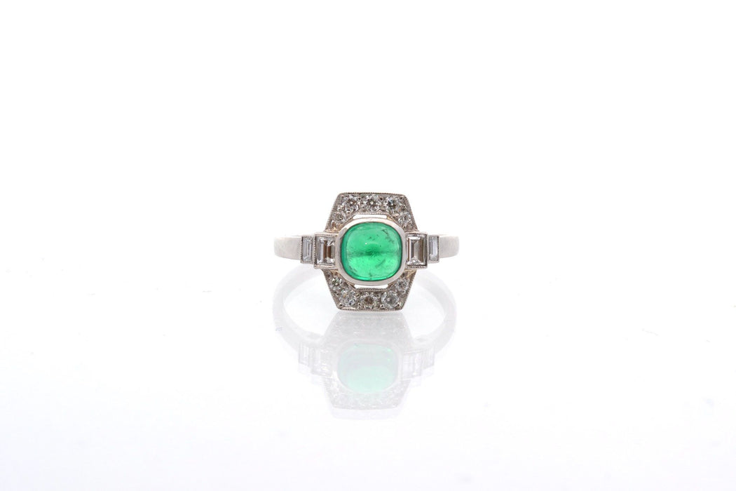 Art deco Colombian cabochon emerald and diamond ring