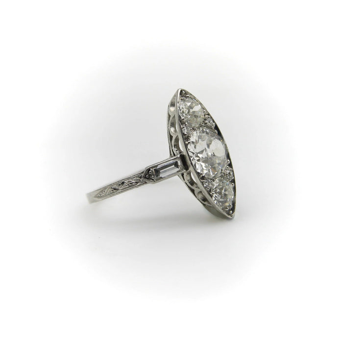 Antique European Cut Diamond Shuttle Ring in platinum Edwardian