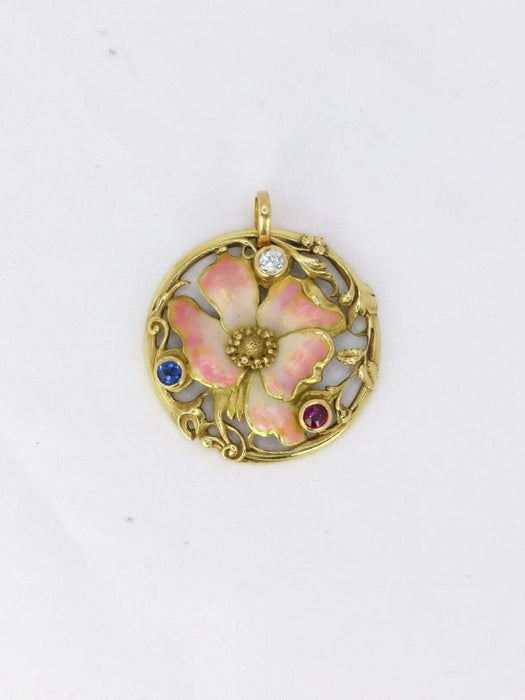 Pendentif Pendentif fleur Art-Nouveau émail diamant saphir rubis 58 Facettes J229