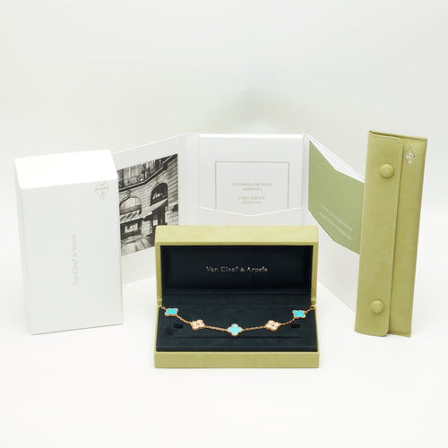 Bracelet Van Cleef & Arpels - EXTRA RARE Bracelet Vintage Alhambra 5 motifs turquoise et diamants 58 Facettes