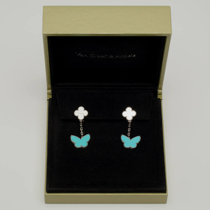 Boucles d'oreilles Van Cleef & Arpels - Boucles d’oreilles Lucky Alhambra turquoise en or blanc 58 Facettes