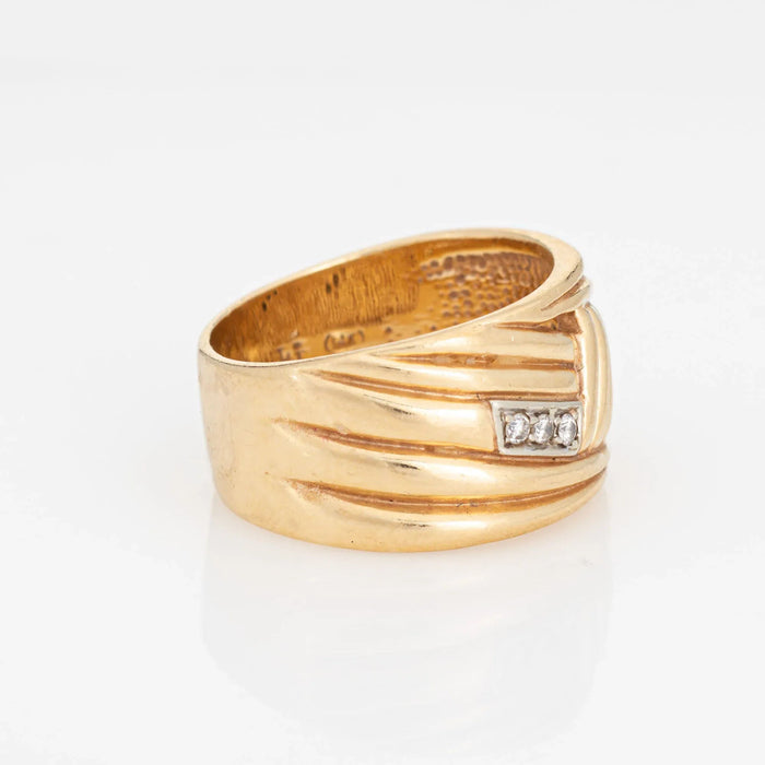 Anello vintage anni '80 con fascia larga con diamanti, misura 8,5, gioielleria raffinata in oro giallo 14k