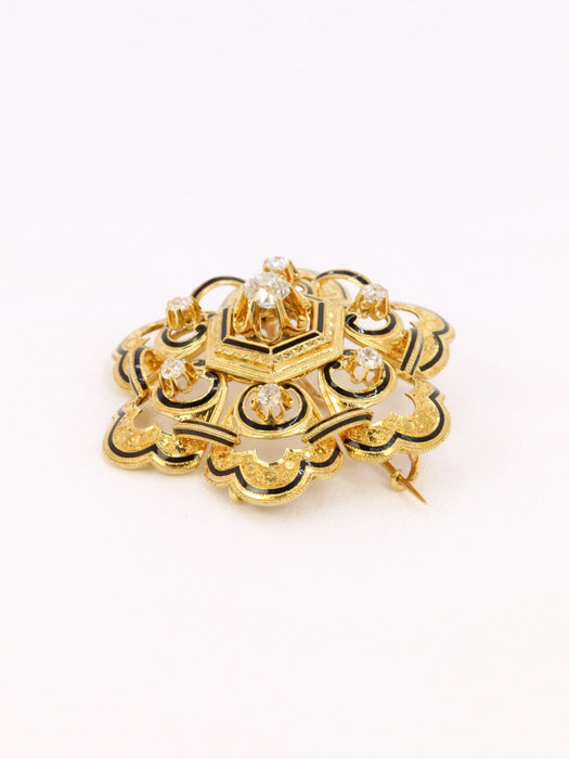 Broche Broche ancienne or jaune email noir diamant taille ancienne 58 Facettes J611