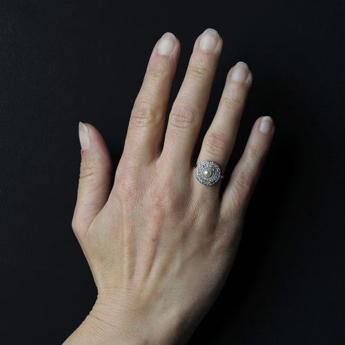 Bague 48 Bague ancienne ronde perle fine et diamants 58 Facettes 25-117