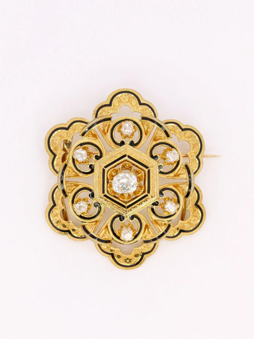 Broche Broche ancienne or jaune email noir diamant taille ancienne 58 Facettes J611