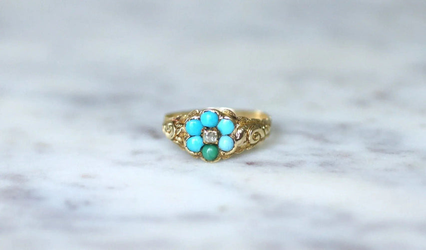 Bague Bague fleur ancienne turquoises et diamant 58 Facettes