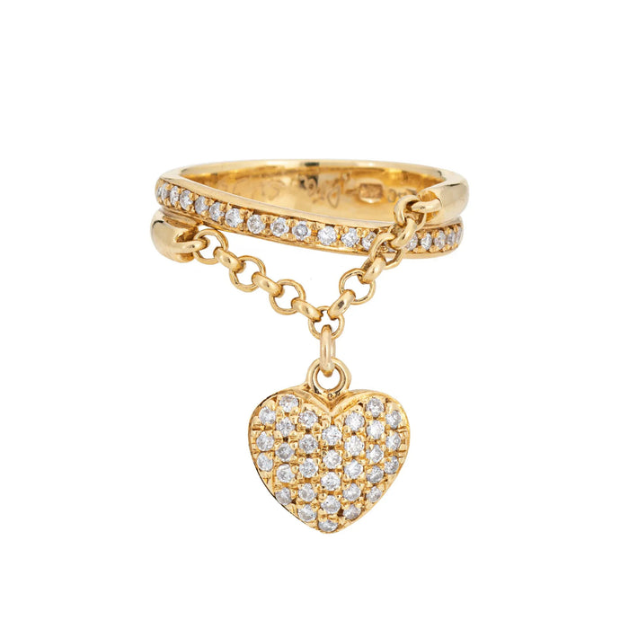 Diamant-Herz-Anhänger-Ring, Nachlass, 18-karätiges Gelbgold, Bandgröße 7, feiner Schmuck, baumelnd
