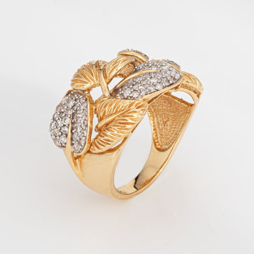 Bague Bague vintage en or jaune 14 carats avec feuilles de diamants, taille 9, large anneau cigare, bijoux fins 58 Facettes G13962