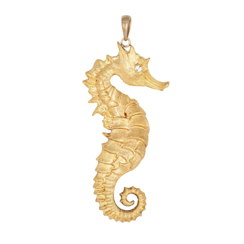 Pendentif Grand pendentif hippocampe vintage en or jaune avec œil en diamant 58 Facettes G13742