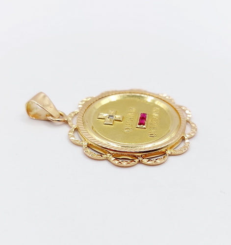Pendentif RARE Pendentif AUGIS médaille d'amour 26 mm or rose 18k orné de rubis : "+ qu'hier - que demain" (circa 1970) 58 Facettes A05093