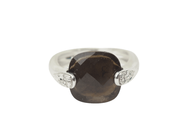 Anel em ouro branco, quartzo fumado e diamantes 