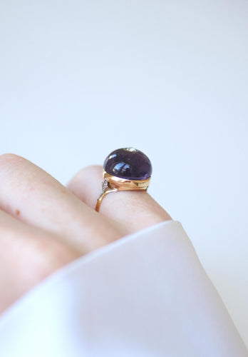 Bague 49.5 Bague en or jaune Art Déco Cabochon d'Améthyste et Diamant 58 Facettes