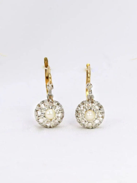 Boucles d'oreilles Boucles d'oreilles dormeuses anciennes perles diamants taille rose 58 Facettes J538