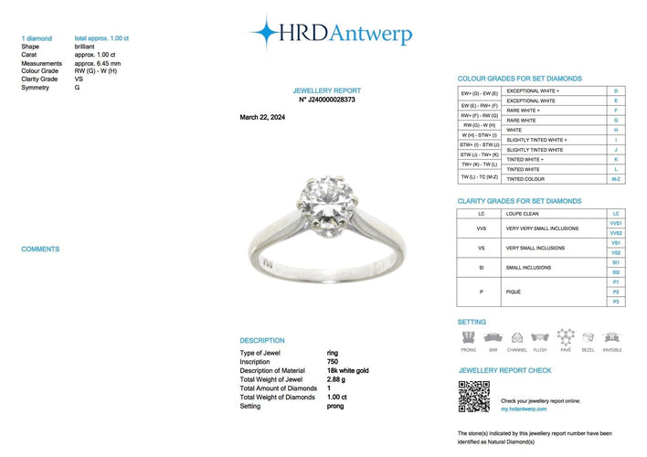 Bague 51 Bague solitaire or blanc certifiée HRD avec diamant naturel de 1,00 carat 58 Facettes