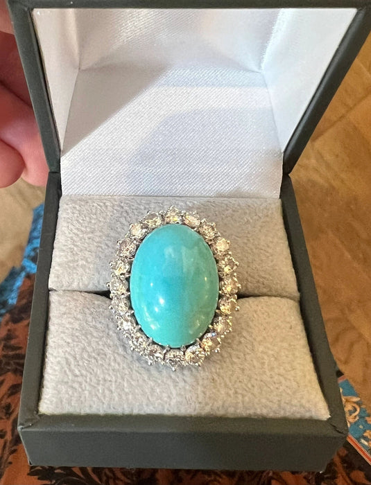 Bague 57 Bague pompadour cabochon turquoise diamants platine or blanc 58 Facettes B338