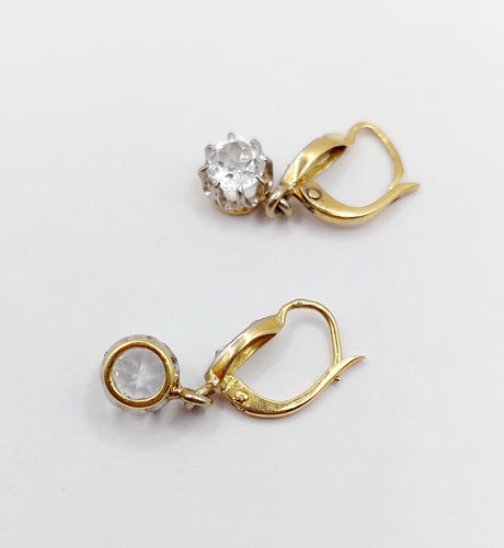 Boucles d'oreilles Dormeuses or jaune, spinelles blanc synthétiques et diamants taille rose (circa 1920) 58 Facettes A06245