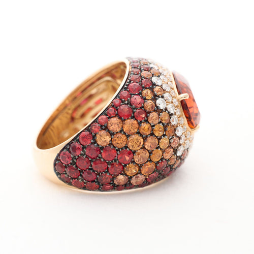 Bague 56 BAGE GRENAT "MANDARIN" DIAMANTS ET SAPHIRS DE COULEUR EN OR JAUNE 18K 58 Facettes