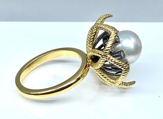 Bague 52 Bague or et argent perle fine et diamants 58 Facettes AB348