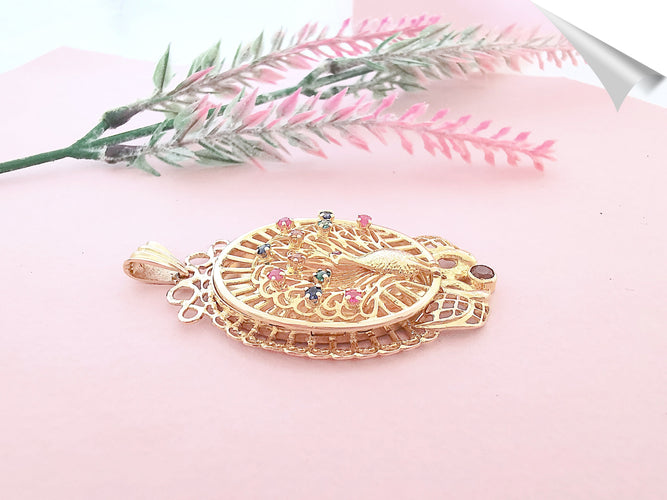 Pendentif Pendentif Paon Pierres de couleur Or Jaune 18 K 58 Facettes AA 1566