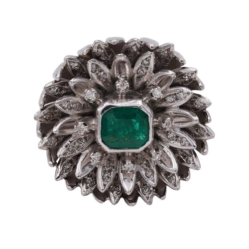 Bague 53 Bague Fleur Or gris Diamants Emeraude 58 Facettes