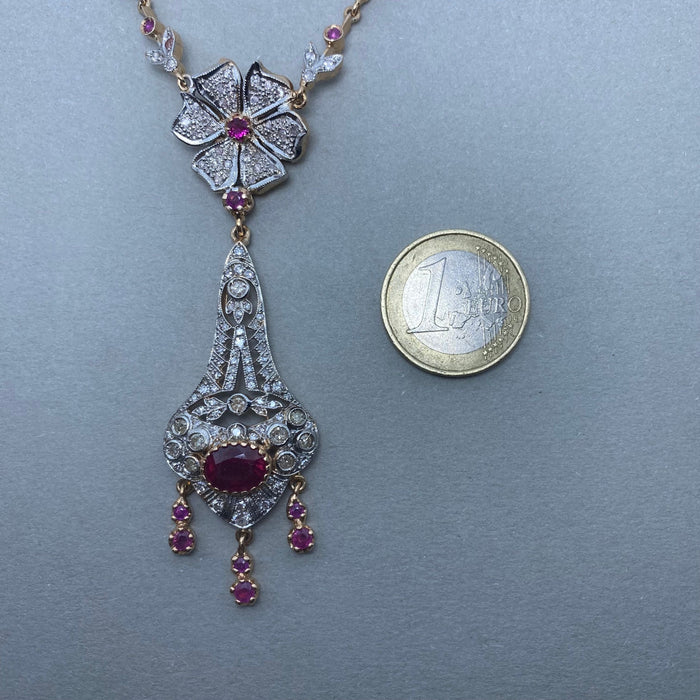 Yellow gold necklace silver ruby diamonds