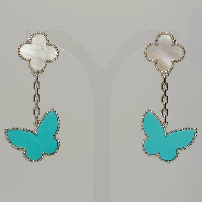 Boucles d'oreilles Van Cleef & Arpels - Boucles d’oreilles Lucky Alhambra turquoise en or blanc 58 Facettes