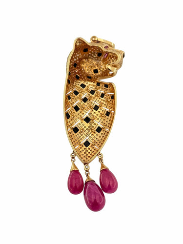 Pendentif Pendentif panthère en or rose avec diamants, onyx et rubis 58 Facettes