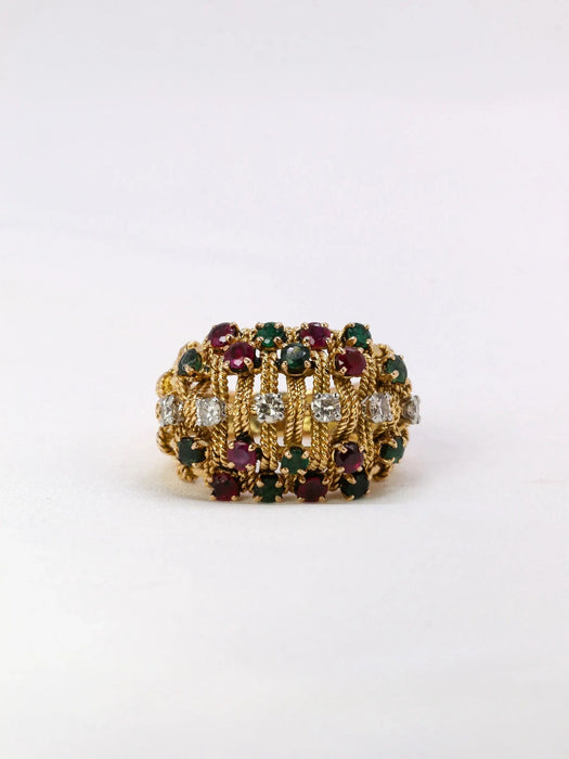 Ring with braided gold threads, diamonds, rubies and emeralds