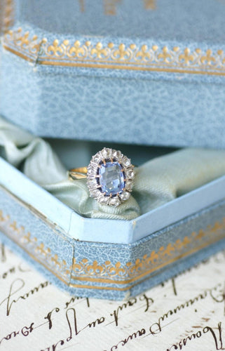 Bague 55 Bague Marguerite ancienne Saphir de Ceylan 1,50 Ct et Diamants 58 Facettes