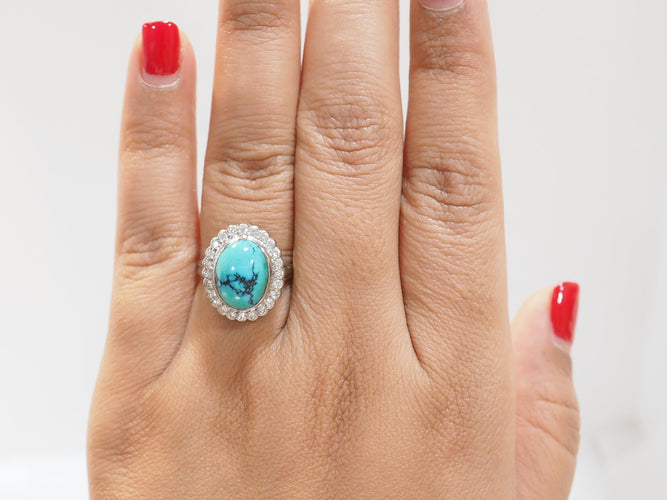 Bague 56 Bague pompadour en or blanc, diamants et Turquoise en cabochon 58 Facettes 33204