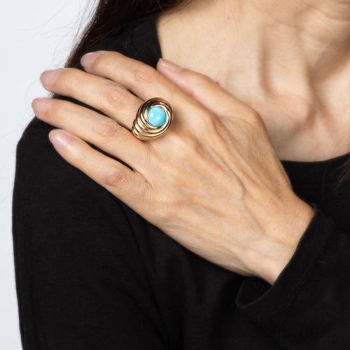 Bague Bague turquoise tourbillonnante taille 9, bijou cocktail vintage en or rose 14 carats 58 Facettes G14184
