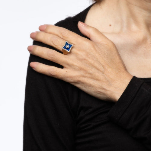 Bague 51 Bague carrée en or jaune, diamant et émail bleu royal 58 Facettes G13643